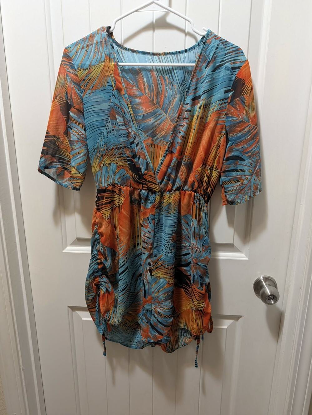 Hawaiian Sheer Swim Tropical Print Butterfly Sleeve Cover Up Dress Vacation Sz M